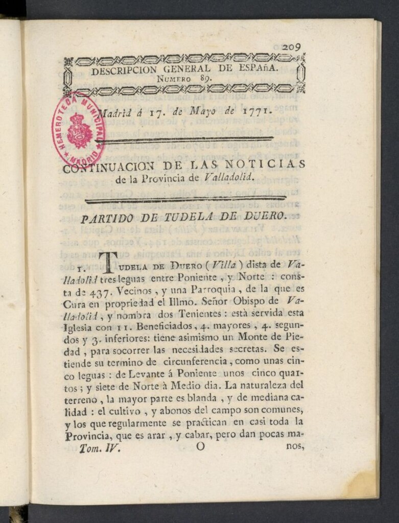 Miniatura de Correo General de España del 17 de mayo de 1771, nº 89