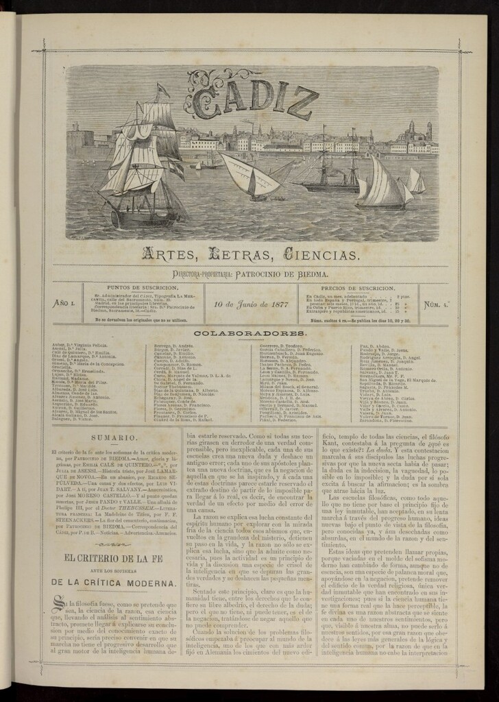 Miniatura de Cádiz: letras, ciencias y artes del 10 de junio de 1877