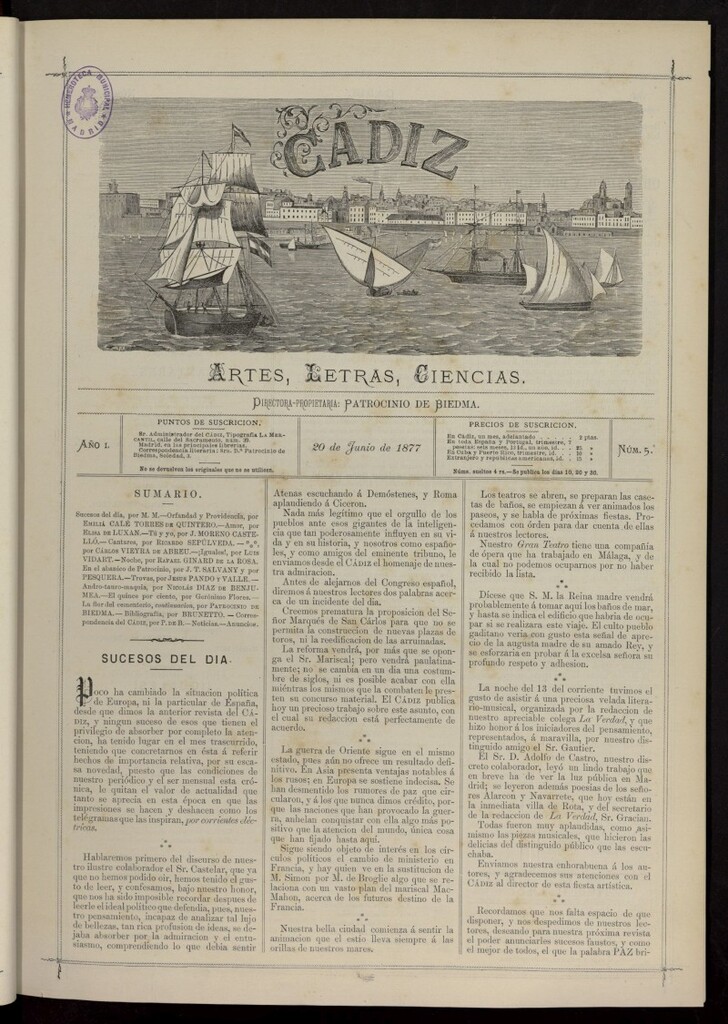Miniatura de Cádiz: letras, ciencias y artes del 20 de junio de 1877