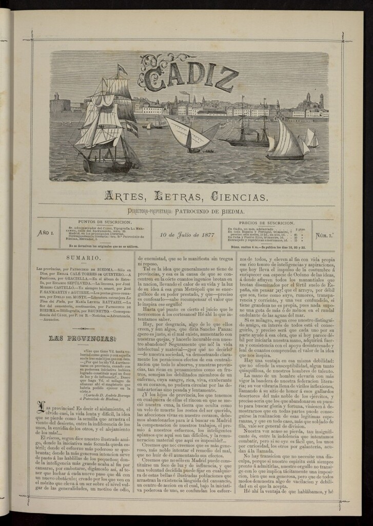 Miniatura de Cádiz: letras, ciencias y artes del 10 de julio de 1877