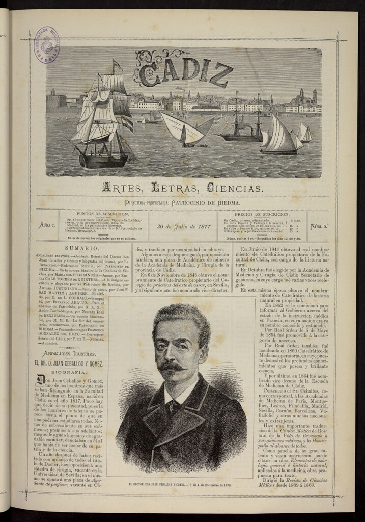 Miniatura de Cádiz: letras, ciencias y artes del 30 de julio de 1877