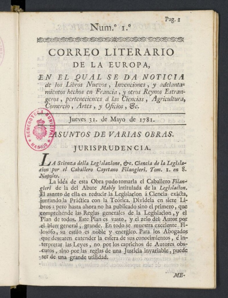 Miniatura de Correo Literario de la Europa del 31 de mayo de 1781, nº 1