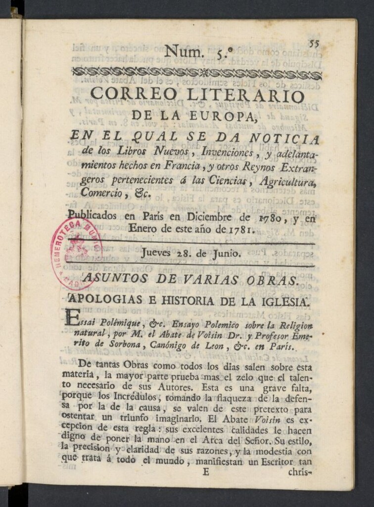 Miniatura de Correo Literario de la Europa del 28 de junio de 1781, nº 5