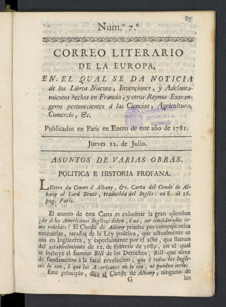 Miniatura de Correo Literario de la Europa del 12 de julio de 1781, nº 7