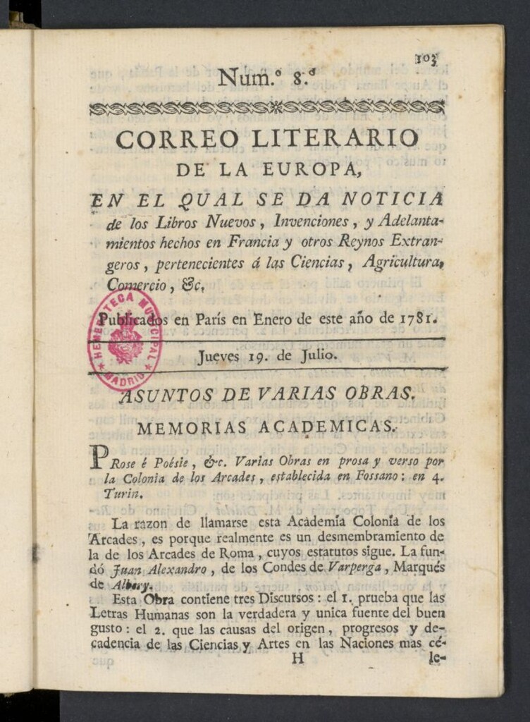 Miniatura de Correo Literario de la Europa del 19 de julio de 1781, nº 8