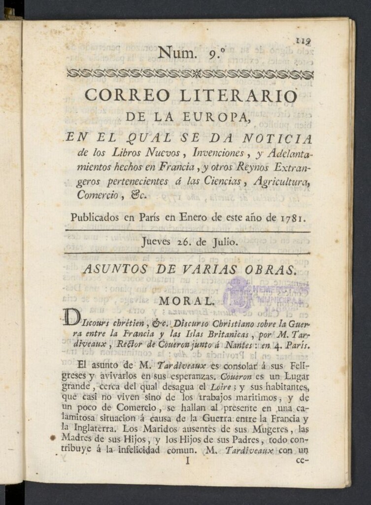 Miniatura de Correo Literario de la Europa del 26 de julio de 1781, nº 9