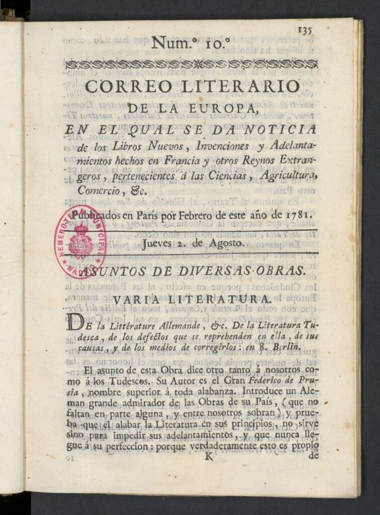 Miniatura de Correo Literario de la Europa del 2 de agosto de 1781, nº 10