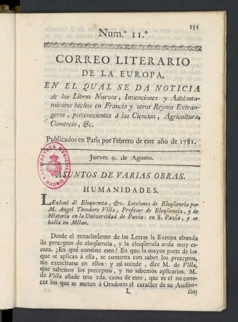 Miniatura de Correo Literario de la Europa del 9 de agosto de 1781, nº 11