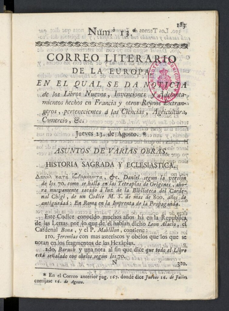 Miniatura de Correo Literario de la Europa del 23 de agosto de 1781, nº 13