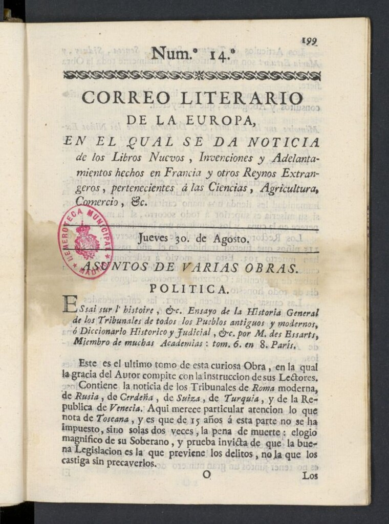 Miniatura de Correo Literario de la Europa del 30 de agosto de 1781, nº 14
