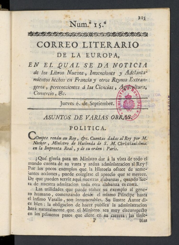 Miniatura de Correo Literario de la Europa del 6 de septiembre de 1781, nº 15