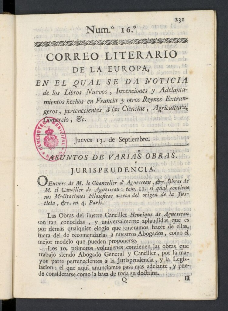 Miniatura de Correo Literario de la Europa del 13 de septiembre de 1781, nº 16