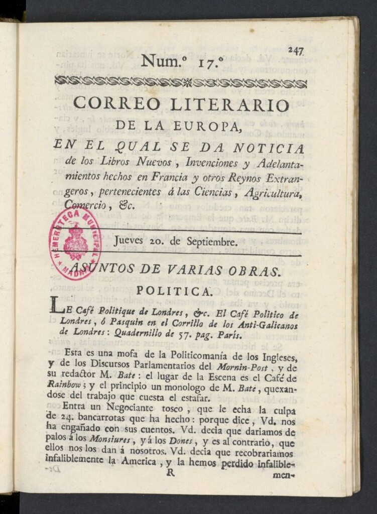 Miniatura de Correo Literario de la Europa del 20 de septiembre de 1781, nº 17