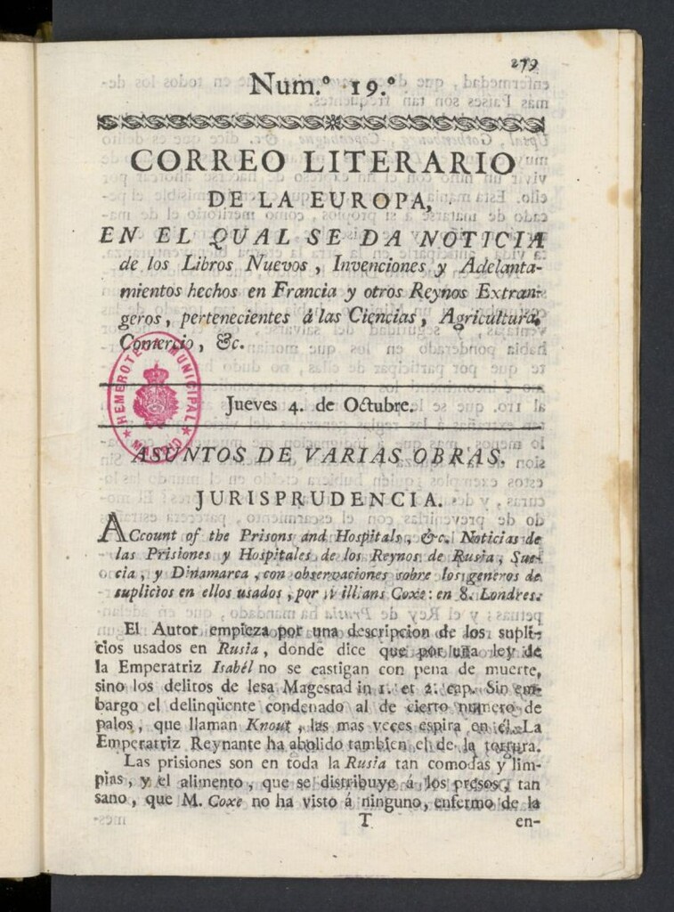 Miniatura de Correo Literario de la Europa del 4 de octubre de 1781, nº 19