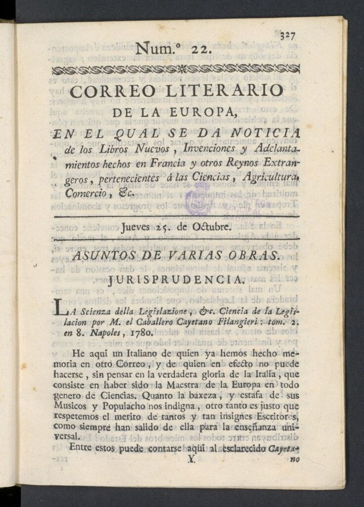 Miniatura de Correo Literario de la Europa del 25 de octubre de 1781, nº 22