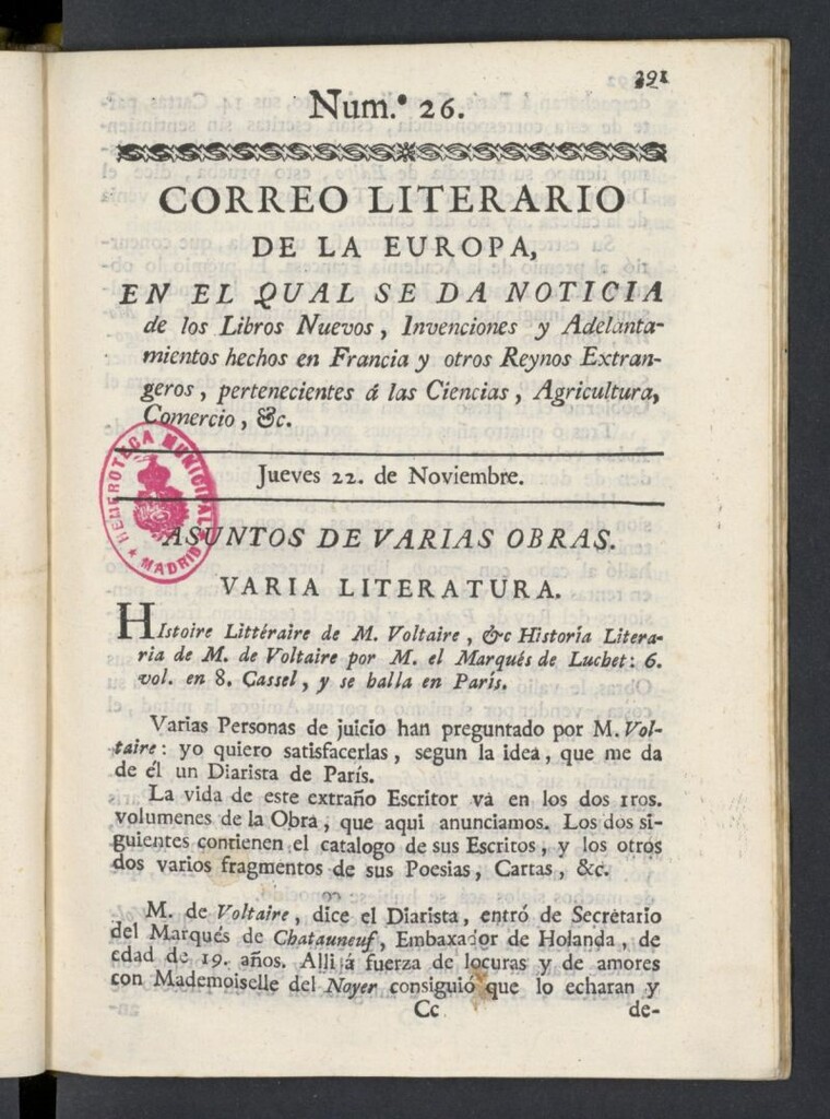 Miniatura de Correo Literario de la Europa del 22 de noviembre de 1781, nº 26