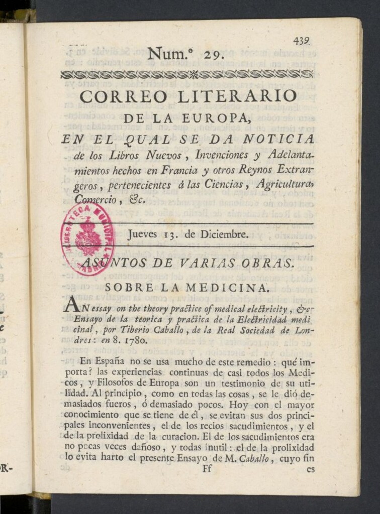 Miniatura de Correo Literario de la Europa del 13 de diciembre de 1781, nº 29