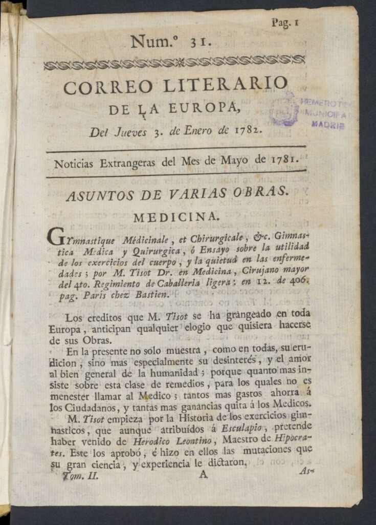 Miniatura de Correo Literario de la Europa del 3 de enero de 1782, nº 31