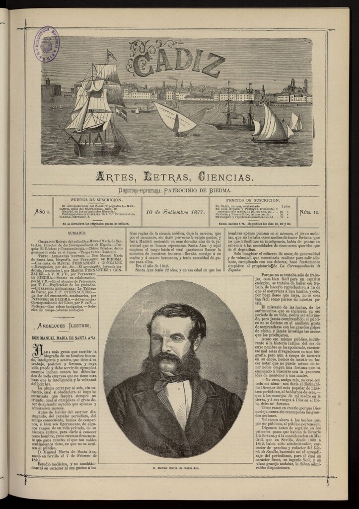 Miniatura de Cádiz: letras, ciencias y artes del 10 de septiembre de 1877