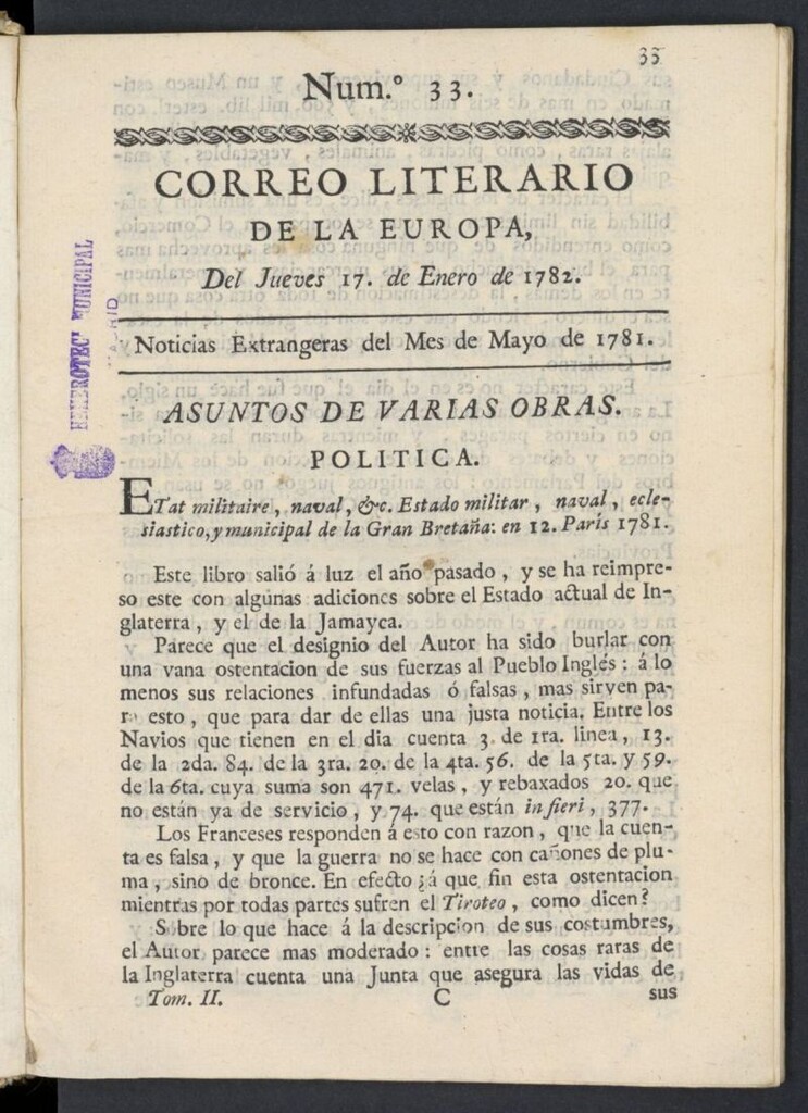 Miniatura de Correo Literario de la Europa del 17 de enero de 1782, nº 33
