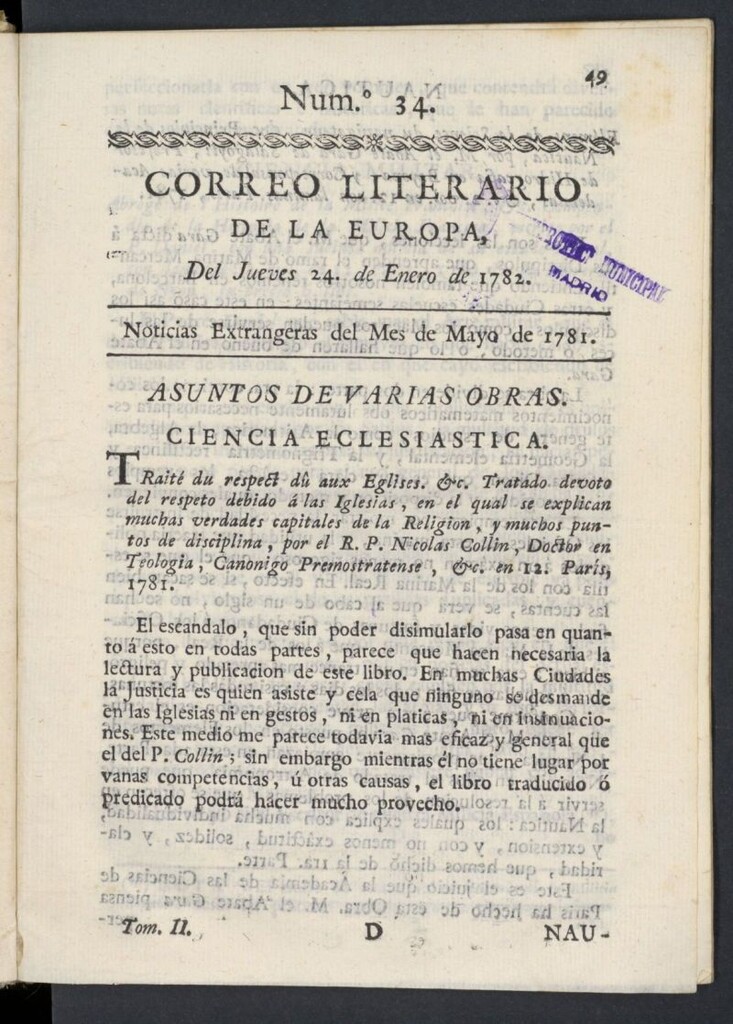 Miniatura de Correo Literario de la Europa del 24 de enero de 1782, nº 34