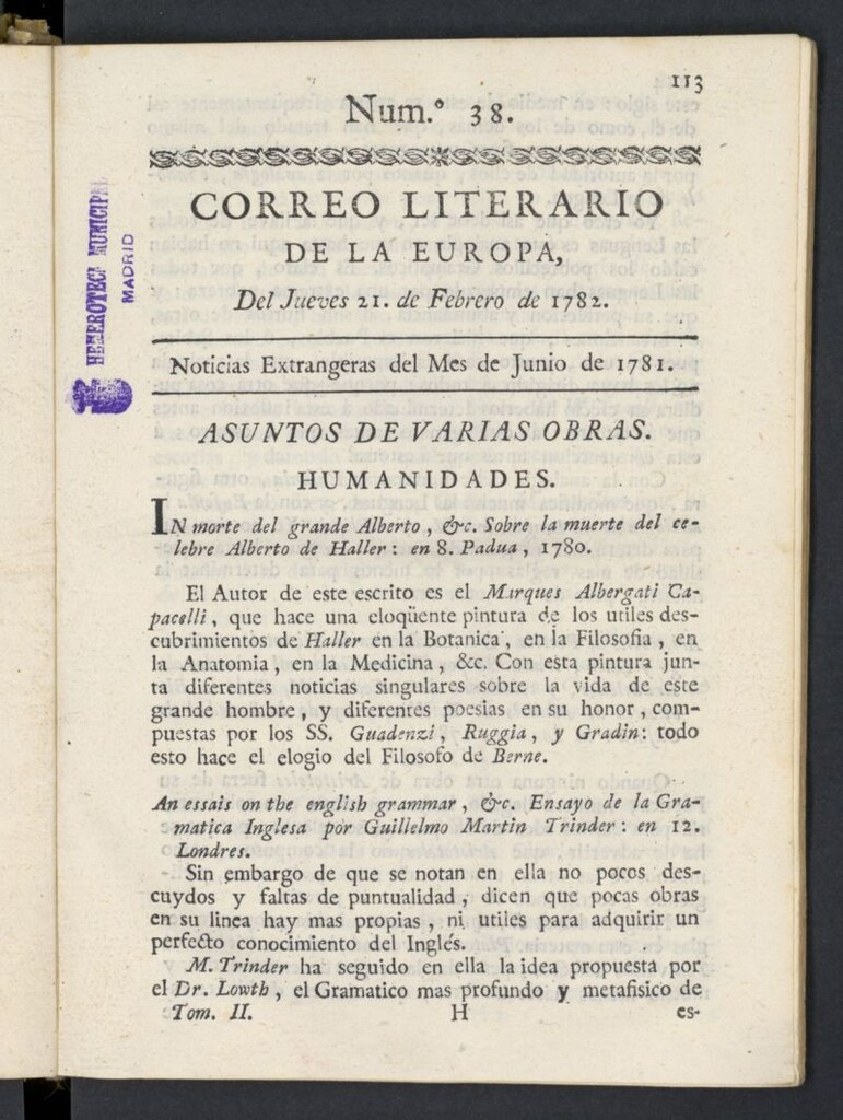 Miniatura de Correo Literario de la Europa del 21 de febrero de 1782, nº 38