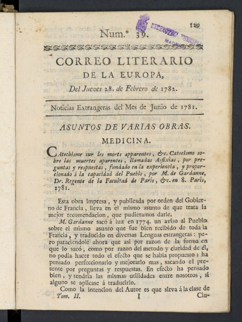 Miniatura de Correo Literario de la Europa del 28 de febrero de 1782, nº 39