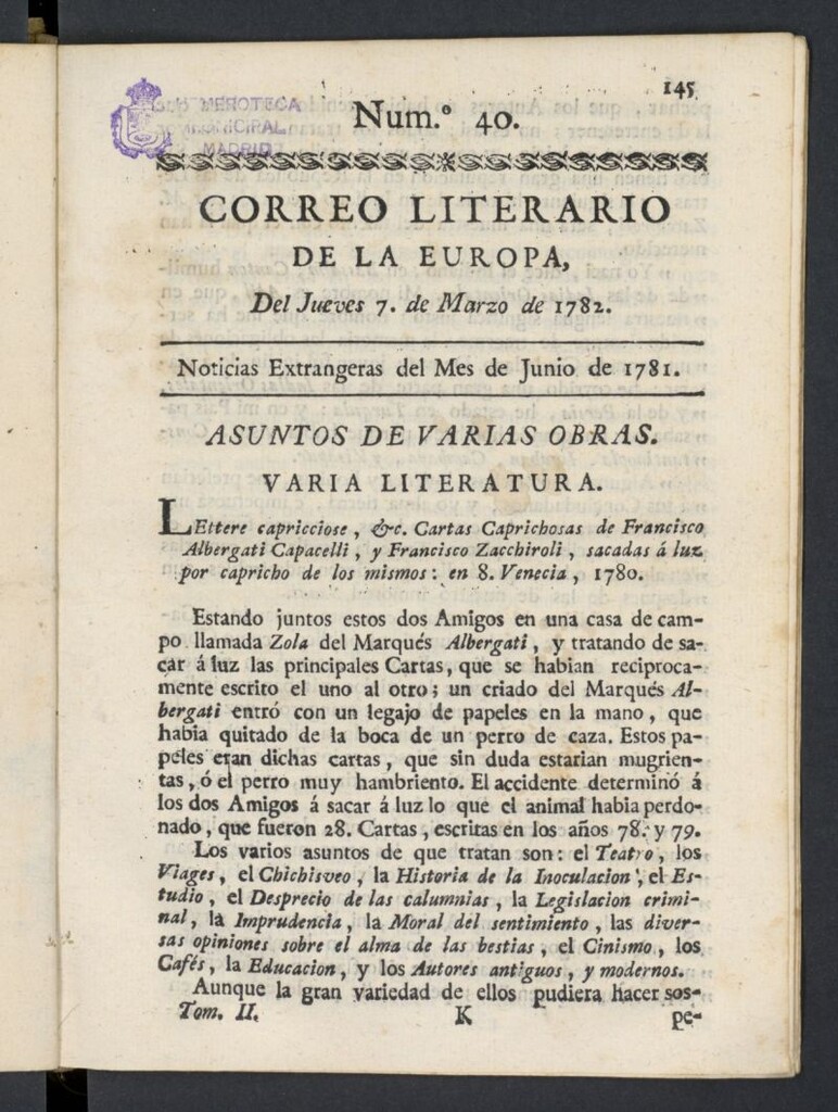 Miniatura de Correo Literario de la Europa del 7 de marzo de 1782, nº 40