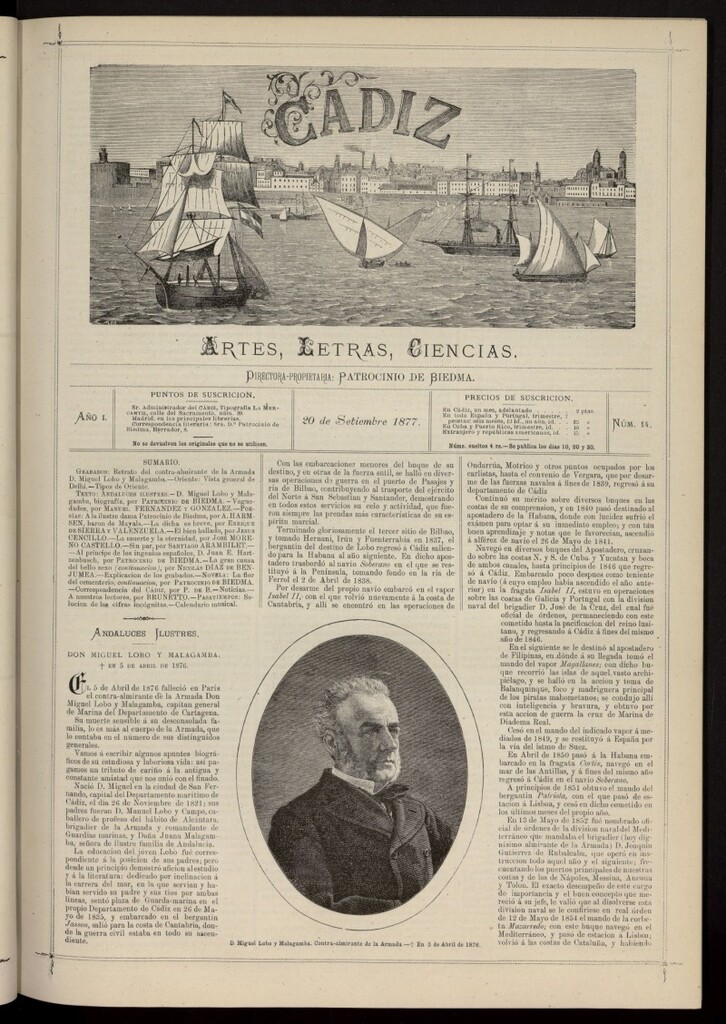 Miniatura de Cádiz: letras, ciencias y artes del 20 de septiembre de 1877