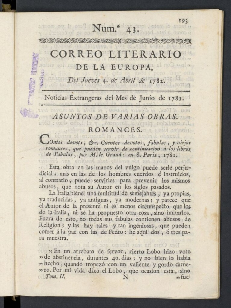 Miniatura de Correo Literario de la Europa del 4 de abril de 1782, nº 43