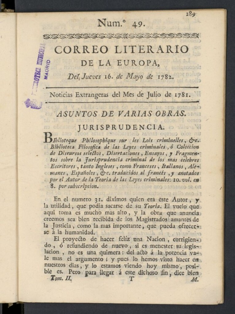 Miniatura de Correo Literario de la Europa del 16 de mayo de 1782, nº 49