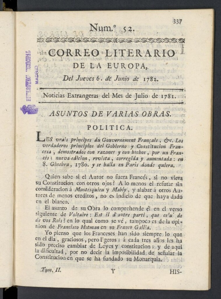 Miniatura de Correo Literario de la Europa del 6 de junio de 1782, nº 52