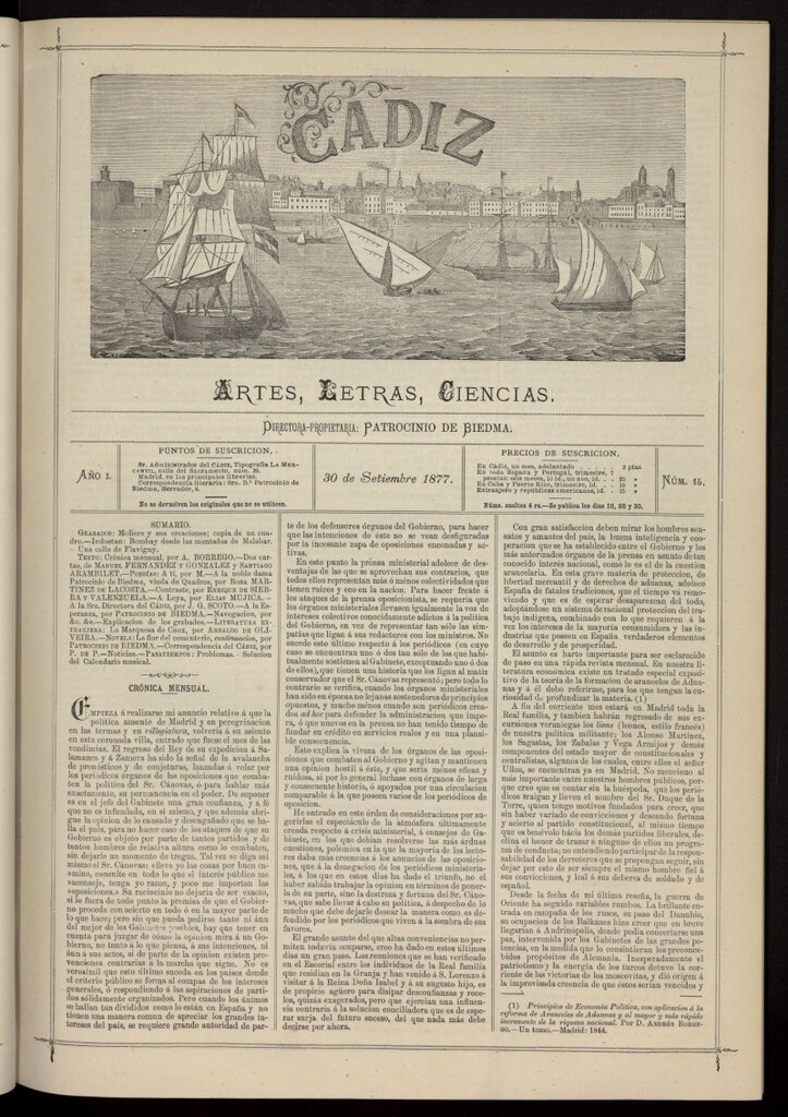 Miniatura de Cádiz: letras, ciencias y artes del 30 de septiembre de 1877