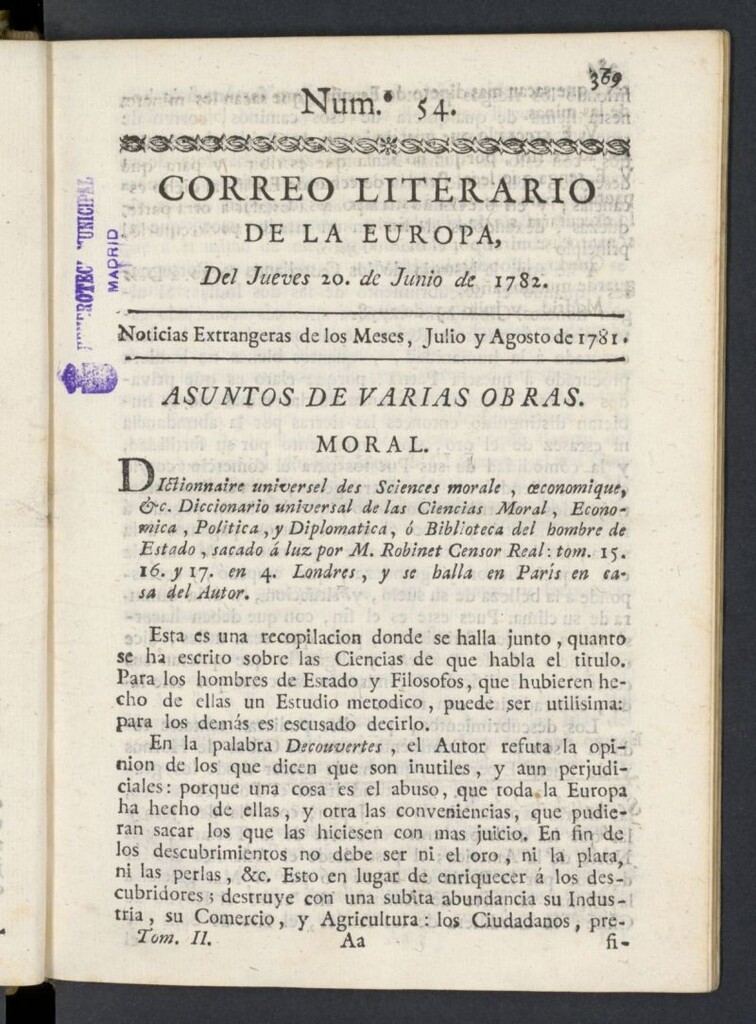 Miniatura de Correo Literario de la Europa del 20 de junio de 1782, nº 54