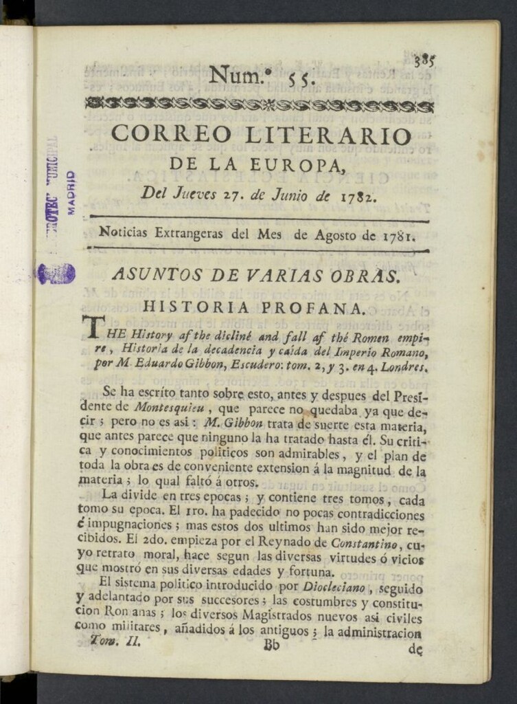 Miniatura de Correo Literario de la Europa del 27 de junio de 1782, nº 55