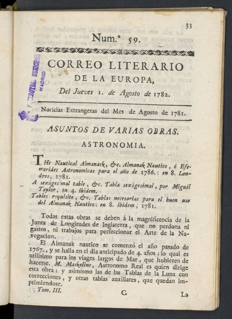 Miniatura de Correo Literario de la Europa del 1 de agosto de 1782, nº 59