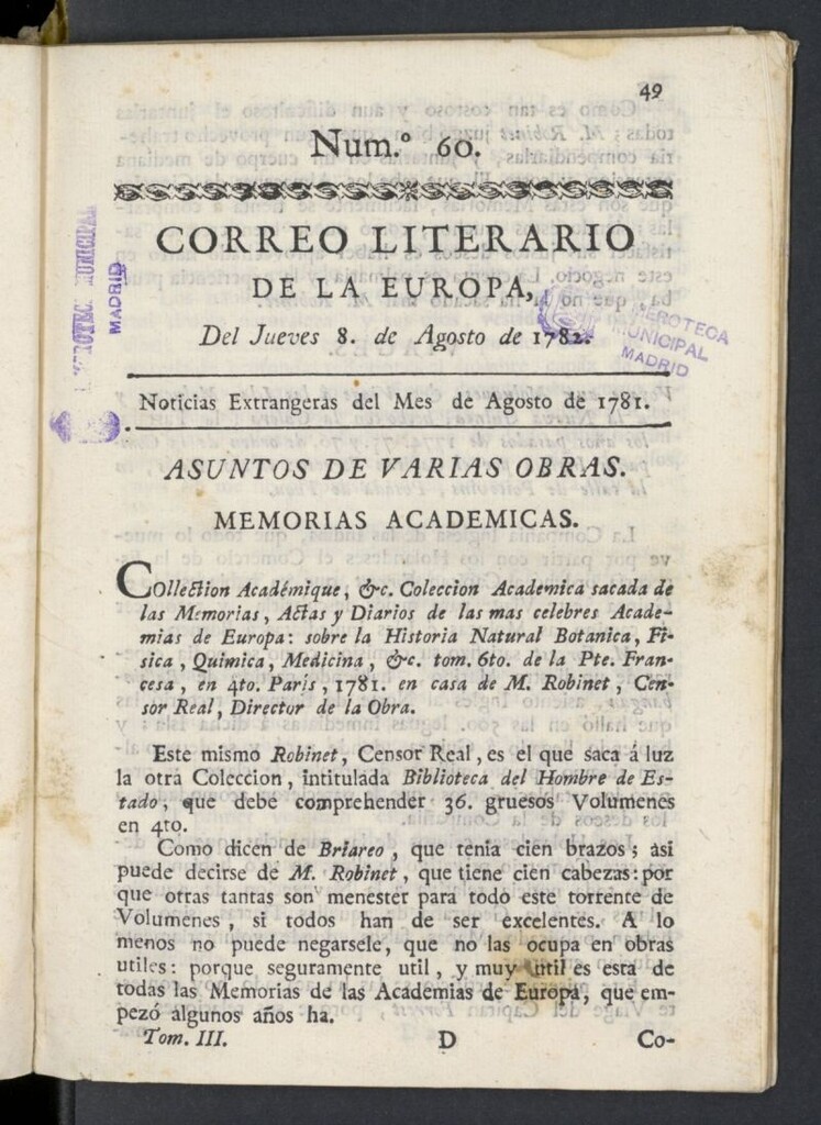 Miniatura de Correo Literario de la Europa del 8 de agosto de 1782, nº 60