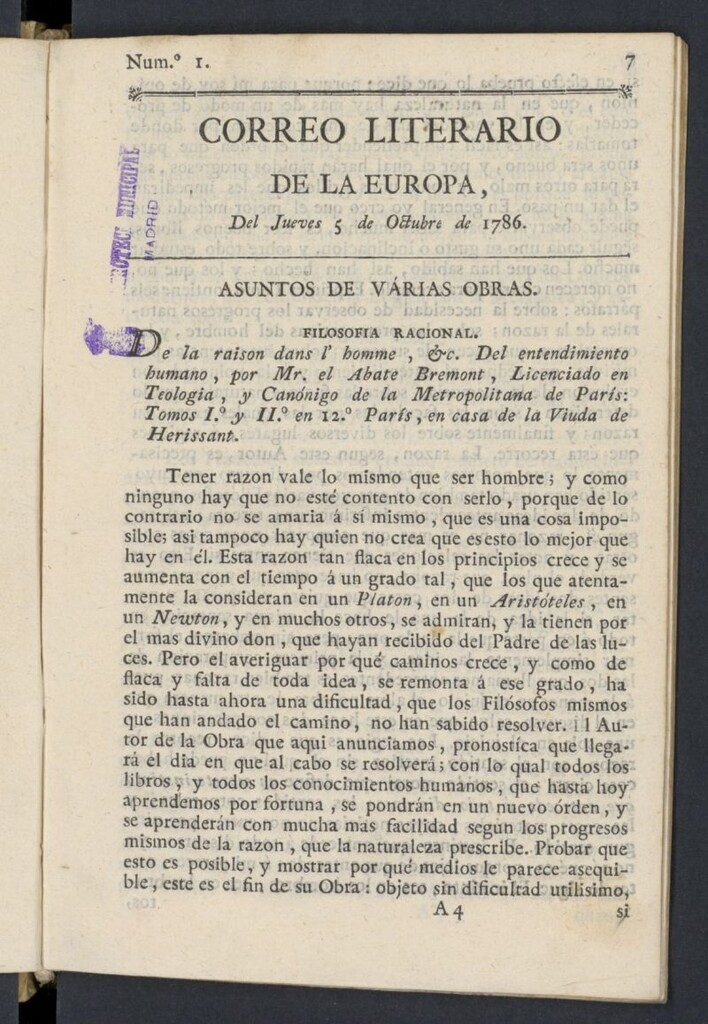 Miniatura de Correo Literario de la Europa del 5 de octubre de 1786, nº 1