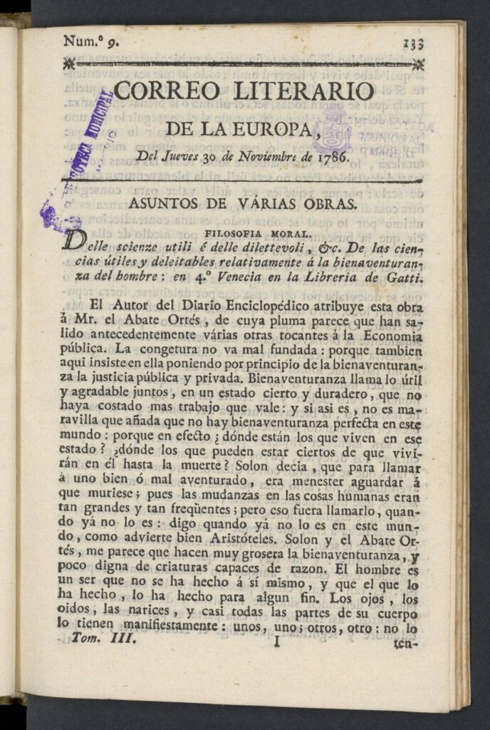 Miniatura de Correo Literario de la Europa del 30 de noviembre de 1786, nº 9