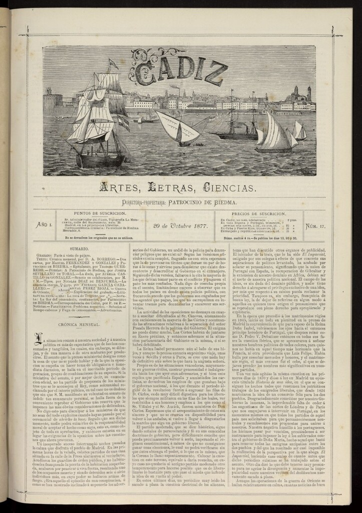 Miniatura de Cádiz: letras, ciencias y artes del 20 de octubre de 1877