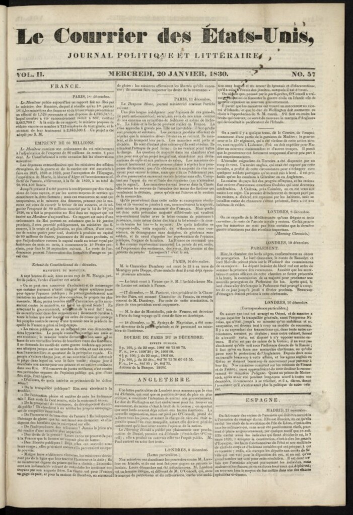 Miniatura de Le Courrier des États-Unis del 20 de enero de 1830, nº 57