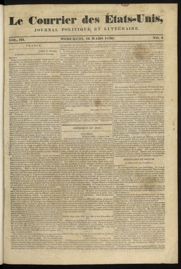 Miniatura de Le Courrier des États-Unis del 10 de marzo de 1830, nº 4