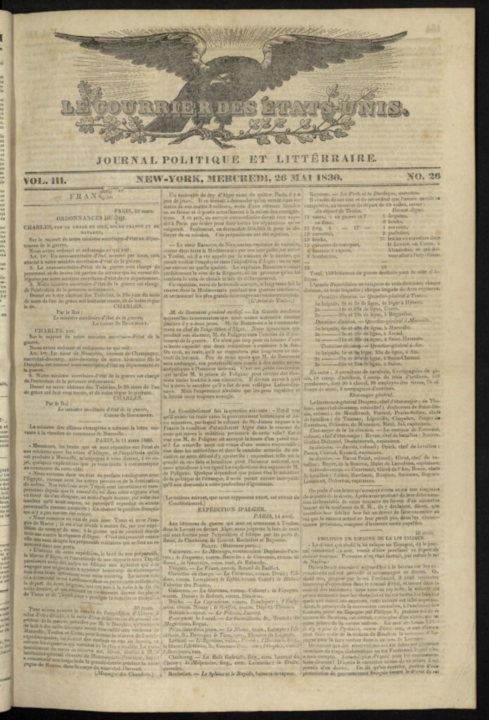 Miniatura de Le Courrier des États-Unis del 26 de mayo de 1830, nº 26