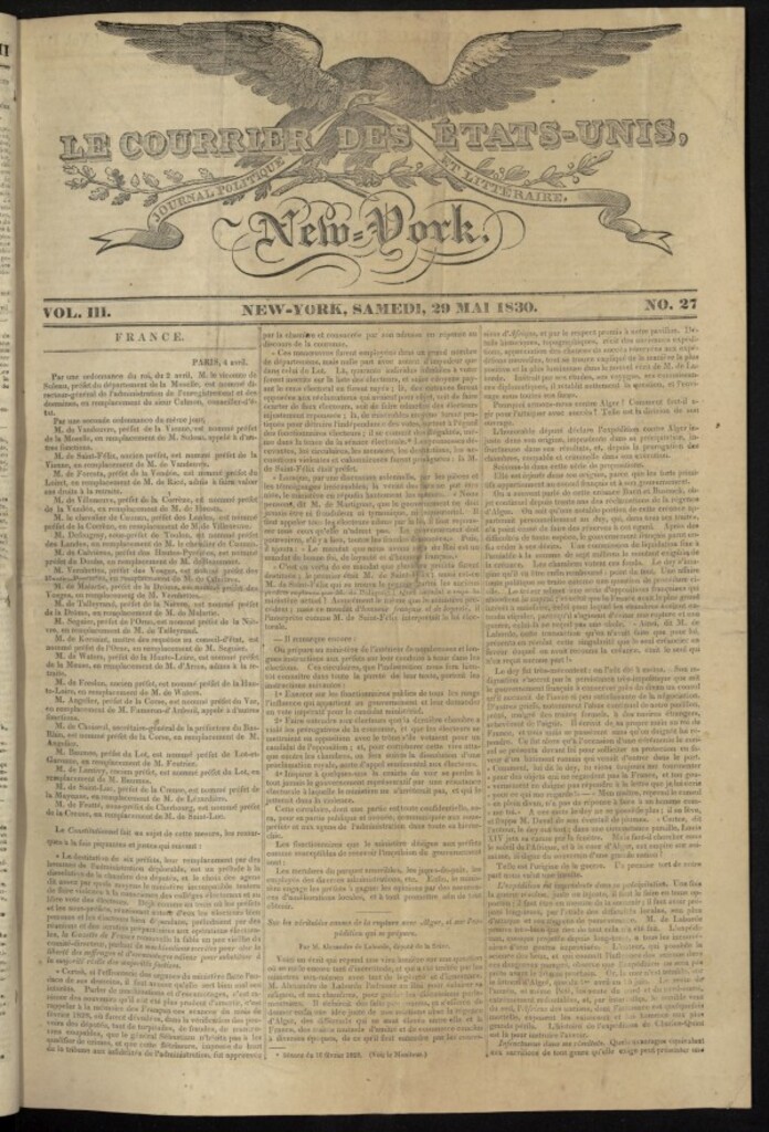 Miniatura de Le Courrier des États-Unis del 29 de mayo de 1830, nº 27