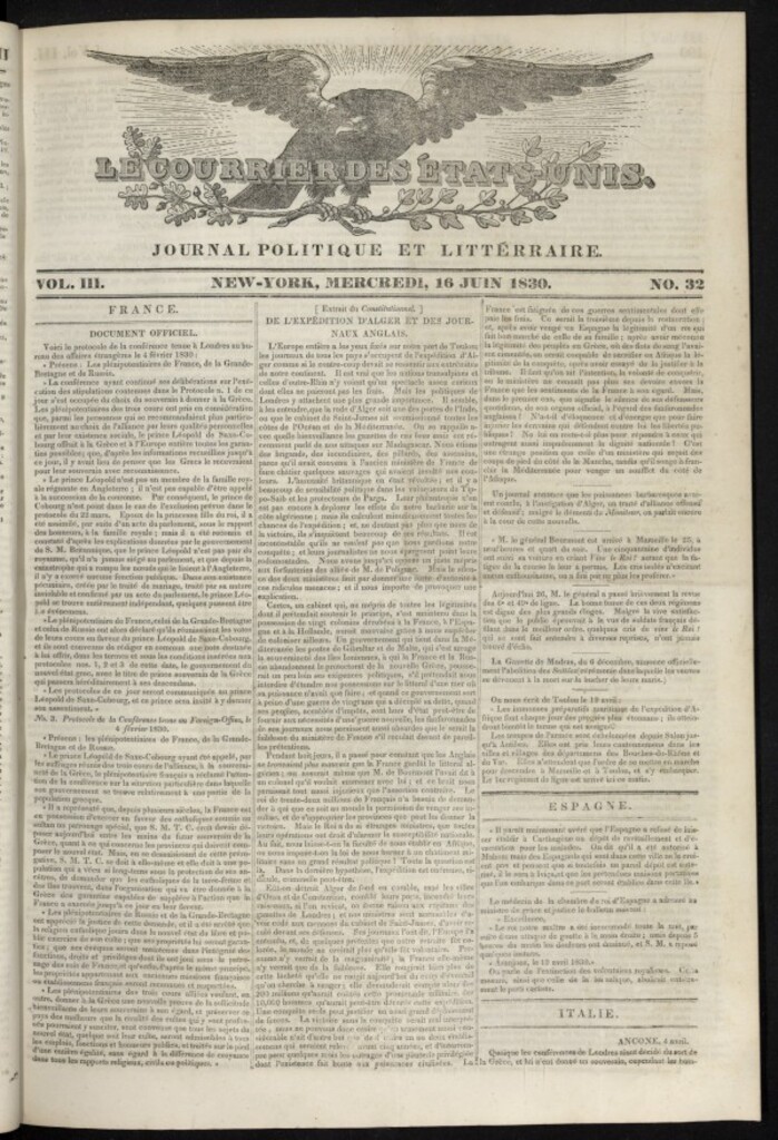 Miniatura de Le Courrier des États-Unis del 16 de junio de 1830, nº 32