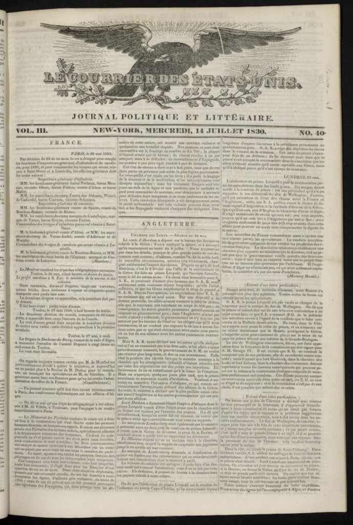 Miniatura de Le Courrier des États-Unis del 14 de julio de 1830, nº 40