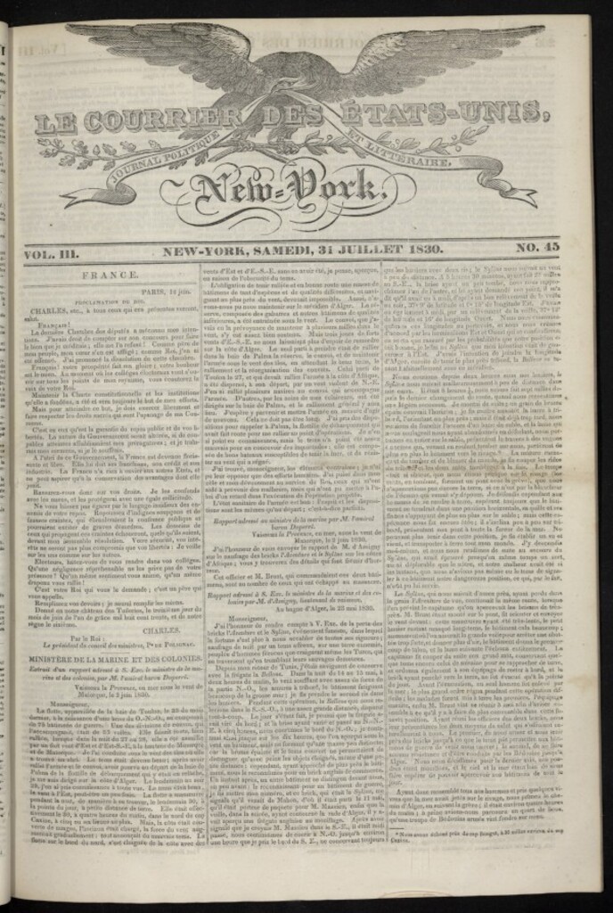 Miniatura de Le Courrier des États-Unis del 31 de julio de 1830, nº 45