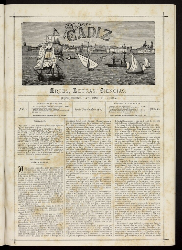Miniatura de Cádiz: letras, ciencias y artes del 30 de noviembre de 1877