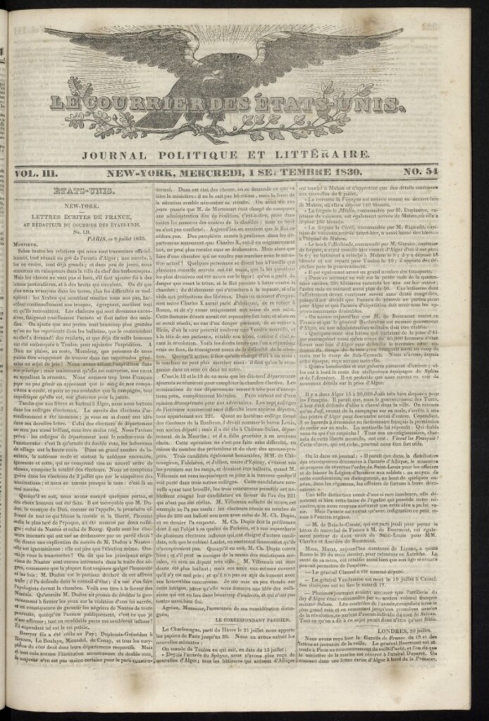 Miniatura de Le Courrier des États-Unis del 1 de septiembre de 1830, nº 54
