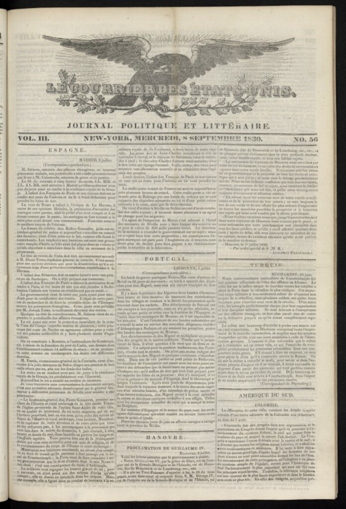 Miniatura de Le Courrier des États-Unis del 8 de septiembre de 1830, nº 56
